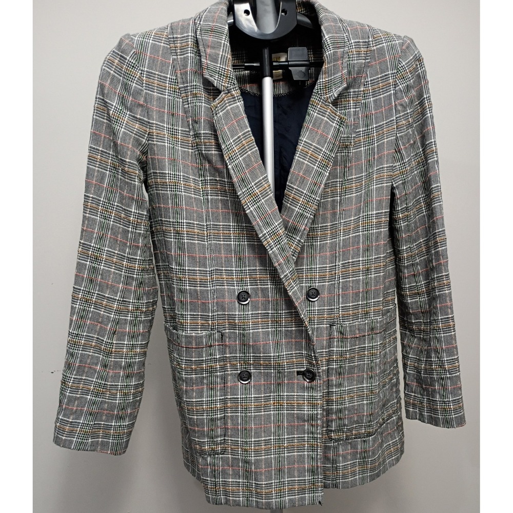 Maeve Anthropologie Plaid Double Breasted Blazer Jacket Grey Green Orange Size 6